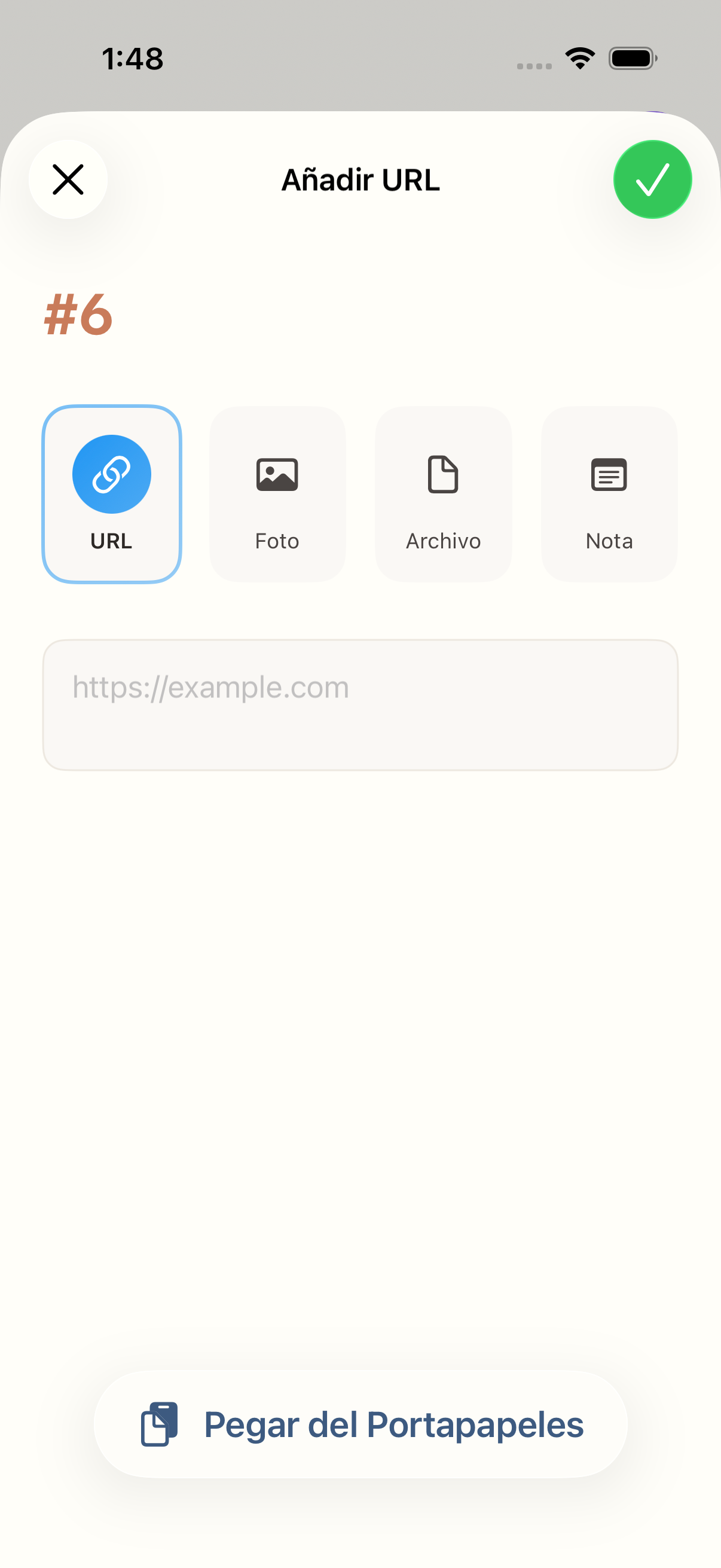 Pantalla de añadir de Numly mostrando opciones de URL, Foto y Archivo
