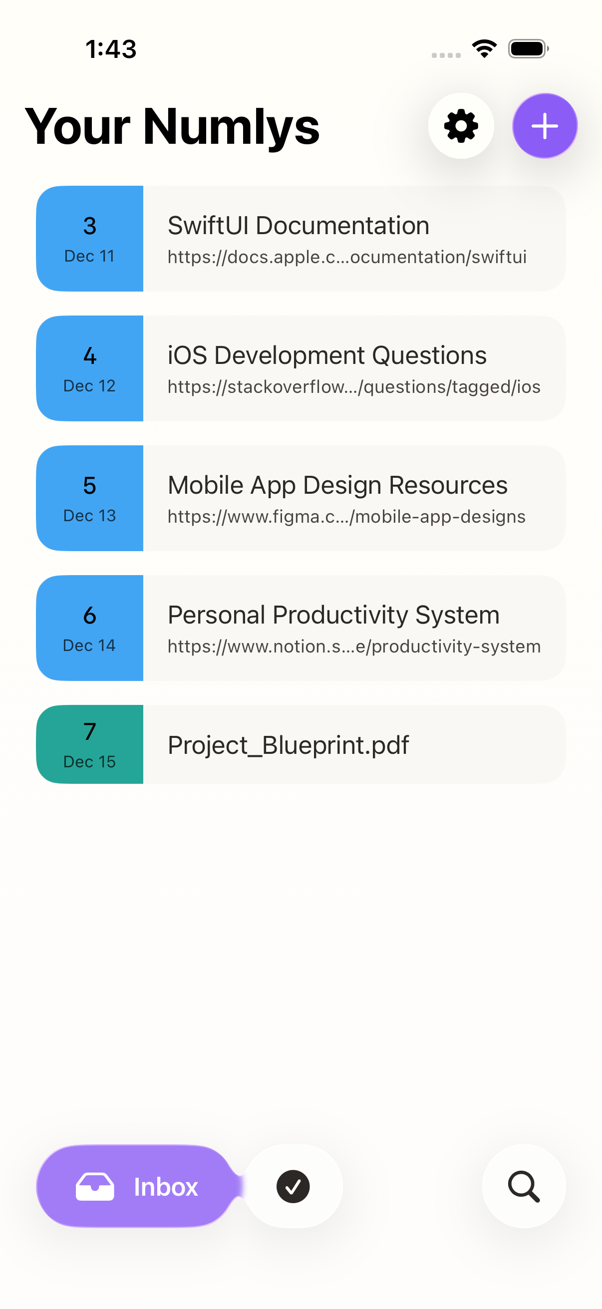 Numly app showing numbered content list with links and files