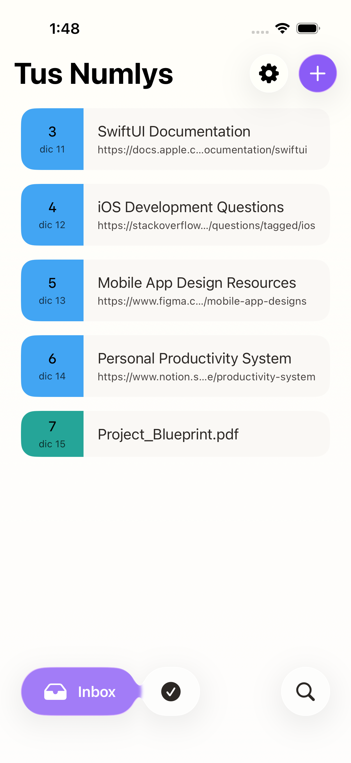 App Numly mostrando lista de contenido numerado con enlaces y archivos